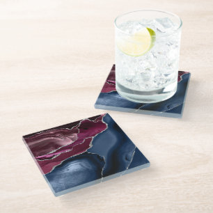 Posavasos De Vidrio Azul Marino Burgundy Ágata Brillo Plateado