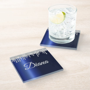 Posavasos De Vidrio Azul Marino Metálico Brillante Personalizado