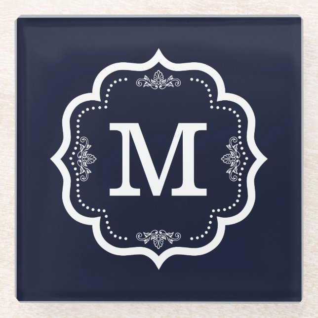 Posavasos De Vidrio Azul Marino Monograma (Anverso)