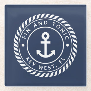 Posavasos De Vidrio Azul marino  Nombre de la embarcación con el logot