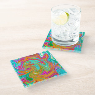 Posavasos De Vidrio Azul, Naranja y Rosa Caliente Groovy Abstracto Ret