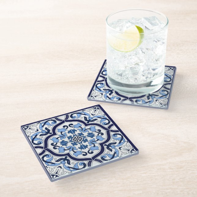 Posavasos De Vidrio  Azul Ornate Floral Mediterráneo Tile Siciliano (Angular)