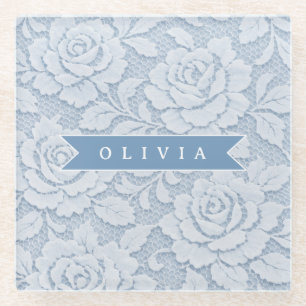 Posavasos De Vidrio Azul Personalizado de Encaje Floral Elegante Román