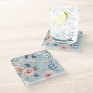 Posavasos De Vidrio Azul Polvoriento Floral Acuarela Jardín Rosado Flo