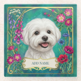 Posavasos de vidrio azul turquesa con perro maltés