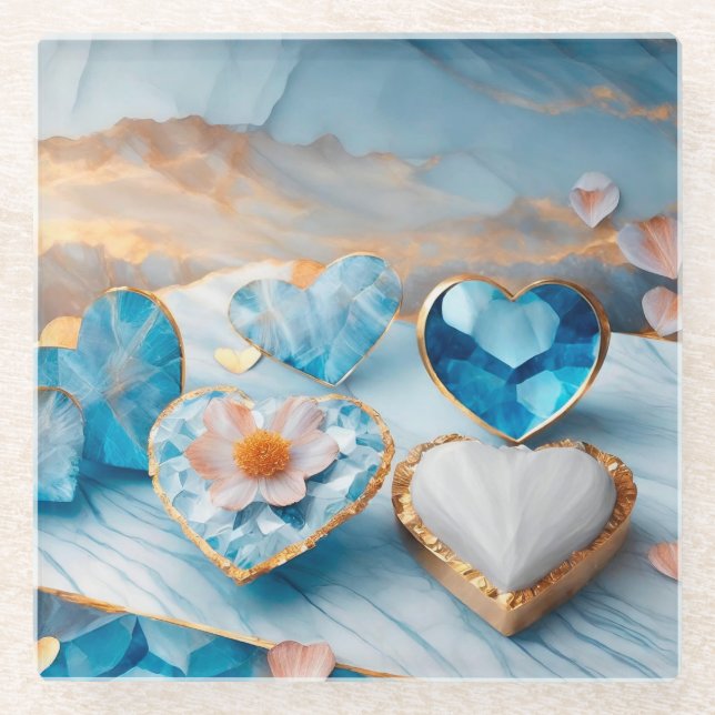 POSAVASOS DE VIDRIO AZUL Y BLANCO CON CORAZONES DE ORO (Anverso)