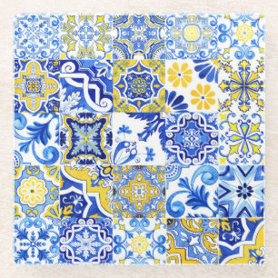 Posavasos De Vidrio Azulejo Azul y Amarillo Mosaico Majólica Portugués