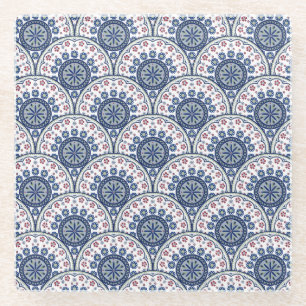 Posavasos De Vidrio Azulejo de Mandala de Abanico Azul Bohemio