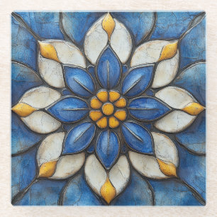 Posavasos De Vidrio Azulejo floral Blanco azul y amarillo
