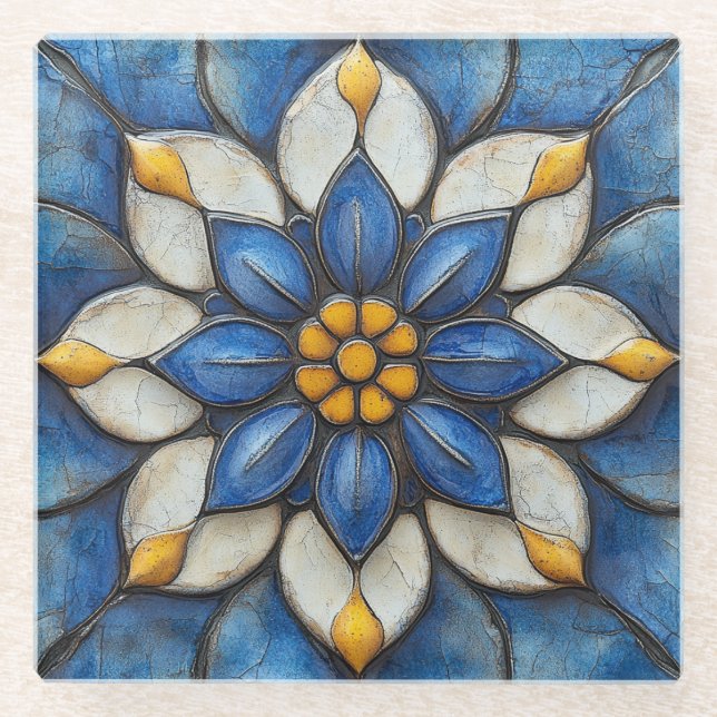 Posavasos De Vidrio Azulejo floral Blanco azul y amarillo (Anverso)