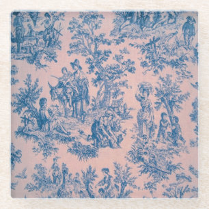 Posavasos De Vidrio Azulejos de jouy azul y rosa elegante
