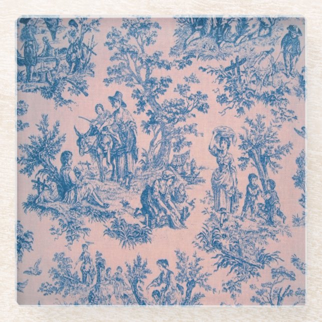 Posavasos De Vidrio Azulejos de jouy azul y rosa elegante (Anverso)