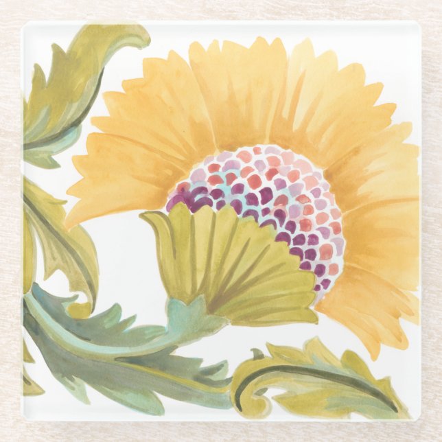 Posavasos De Vidrio Azulejos florales de abadía - Amarillo (Anverso)