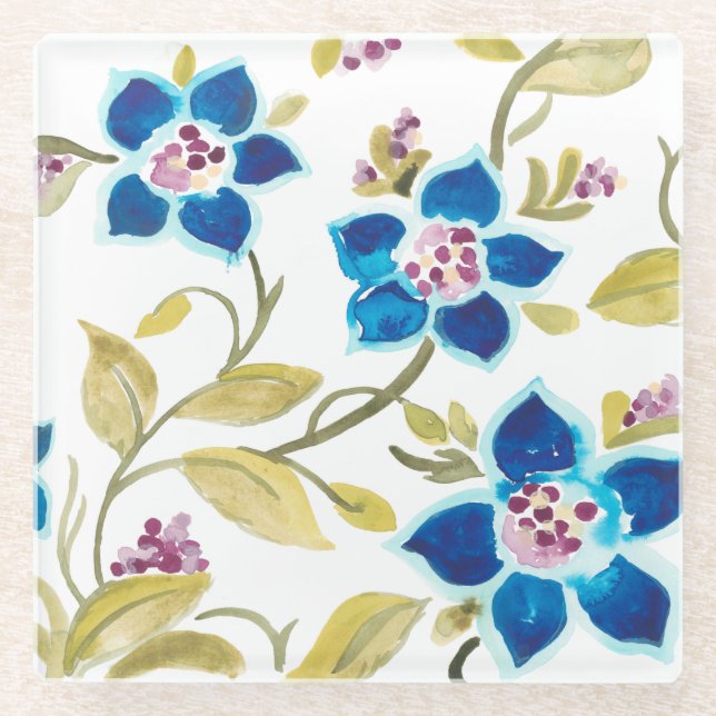 Posavasos De Vidrio Azulejos florales de abadía - Flores azules (Anverso)