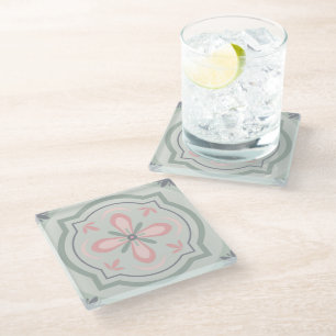 Posavasos De Vidrio Azulejos Florales Verde Pastel