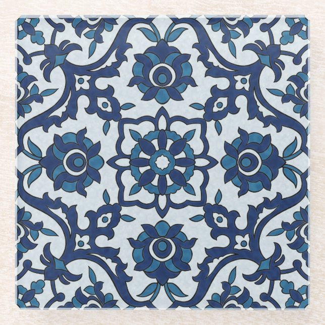 Posavasos De Vidrio Azulejos portugueses azules Patrón de mosaico flor (Anverso)