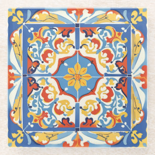 Posavasos De Vidrio Azulejos Rojos, Azules y Amarillos