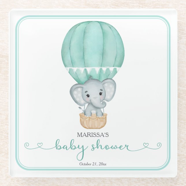 Posavasos De Vidrio Baby Shower neutral de género de elefante verde (Anverso)