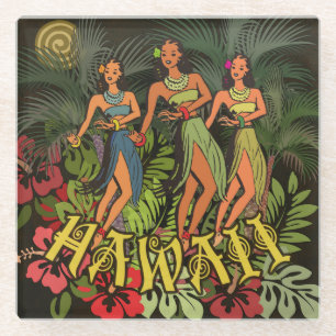 Posavasos De Vidrio Bailarinas de Hula Vintage de Hawái Árbol de Palma