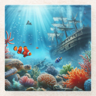 Posavasos De Vidrio Bajo el mar, tortuga, coral, barco, pez payaso