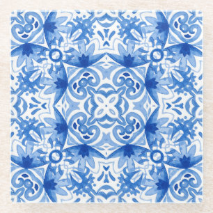 Posavasos De Vidrio Baldosa azul blanca, acuarela sin costura.