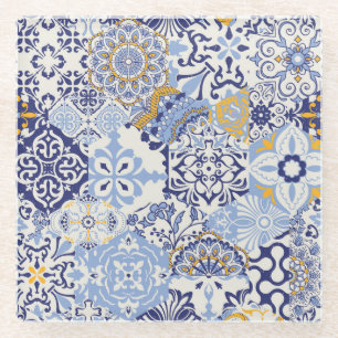 Posavasos De Vidrio Baldosas azules de color azulón: tónica a mano.