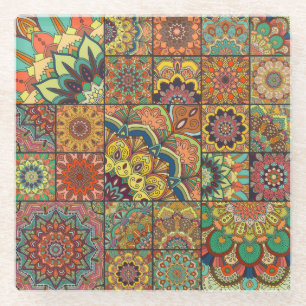 Posavasos De Vidrio Baldosas de Boho: colorido mosaico de mosaicos sin