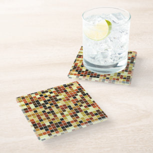 Posavasos De Vidrio Baldosas de piscina, mosaicos marrones, patrón geo