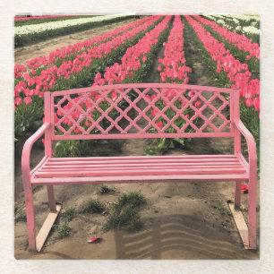Posavasos De Vidrio Banco rosa con tulipanes rosados
