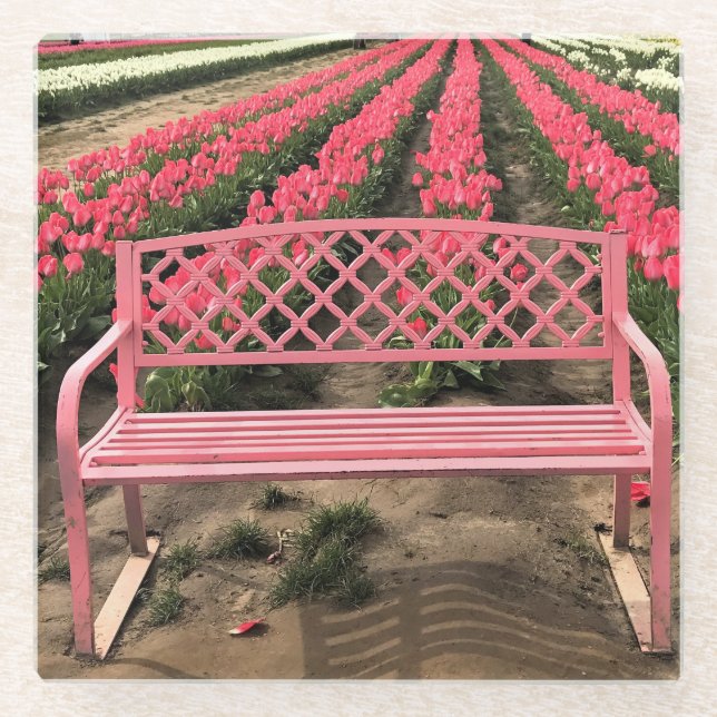 Posavasos De Vidrio Banco rosa con tulipanes rosados (Anverso)