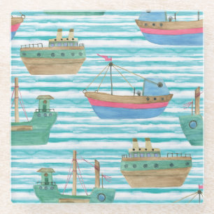 Posavasos De Vidrio Bandas De Barco: Patrón De Pintura De Acuarela.