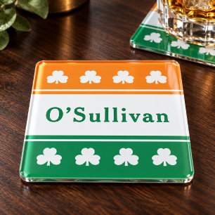 Posavasos De Vidrio Bandera irlandesa Monograma de nombre de familia T