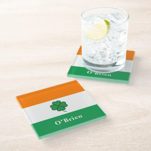 Posavasos De Vidrio Bandera irlandesa personalizada con apellido