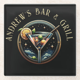 Posavasos De Vidrio Bar y asador con logotipo de marini negro y dorado