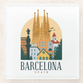 Posavasos De Vidrio Barcelona España Skyline Vintage