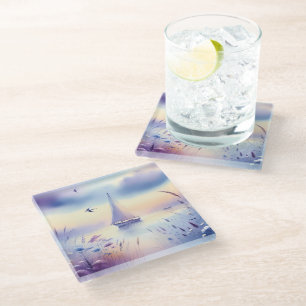 Posavasos De Vidrio Barco de vela pastel Paisaje soñado costero