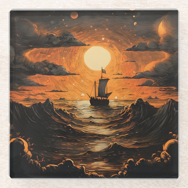 Posavasos De Vidrio Barco navegando por la noche (Anverso)