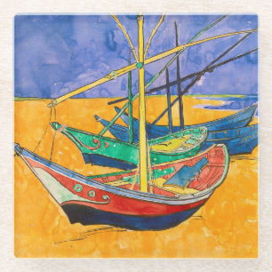 Posavasos De Vidrio Barcos de Van Gogh Impresionismo Playa