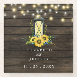 Posavasos De Vidrio Barn Wood String ilumina a Sunflowers Boda