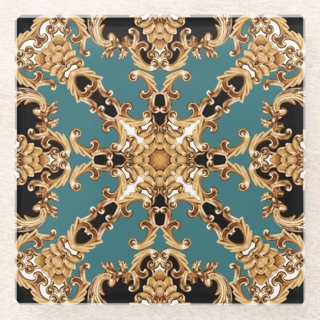 Posavasos De Vidrio Barroco dorado, diseño adornado de lujo. (Anverso)