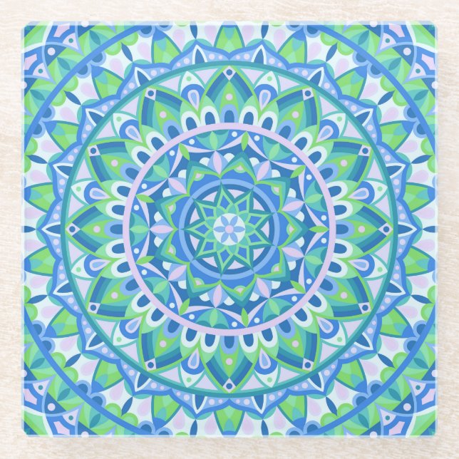 Posavasos De Vidrio Base azul Mandala (Anverso)