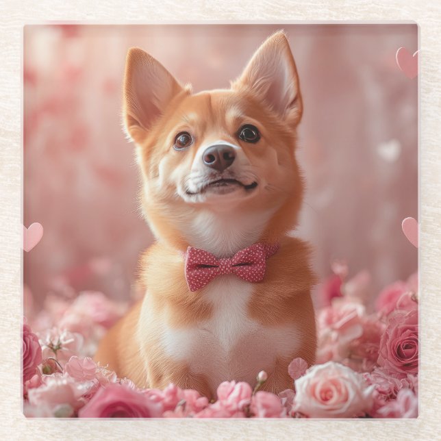 Posavasos De Vidrio Basenji con Rosas - Día de San Valentín (Anverso)