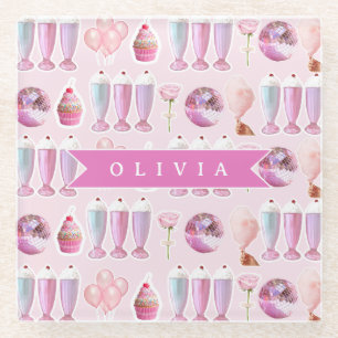 Posavasos De Vidrio Batido Retro Rosa Personalizado Coquette Lindo