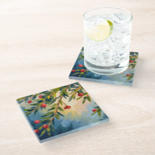 Posavasos De Vidrio Bayas y Verdor Feliz Navidad