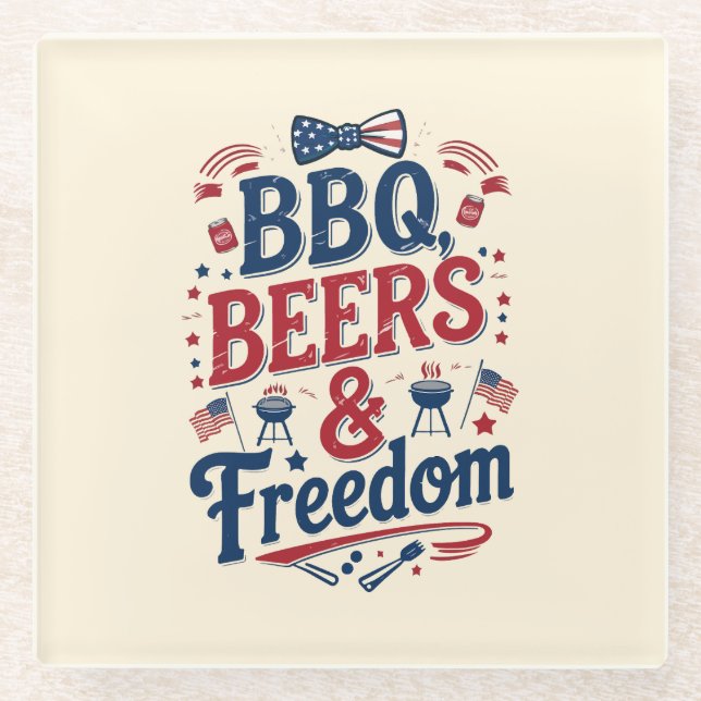 Posavasos De Vidrio BBQ, Beers & Freedom – Retro 4th of July Vibes (Anverso)