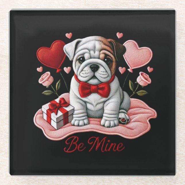 Posavasos De Vidrio Be Mine Valentine Bulldog inglés Vidrio Coaster (Anverso)