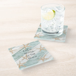 Posavasos De Vidrio Beach Aqua Mint Starfish Stripes Boda