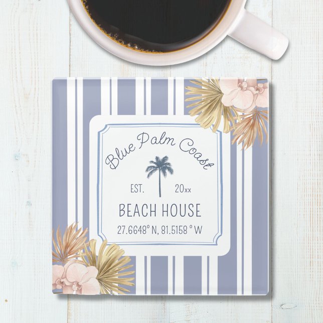 Posavasos De Vidrio Beach House Blue Stripes Coastal Boho Farmhouse (In situ)