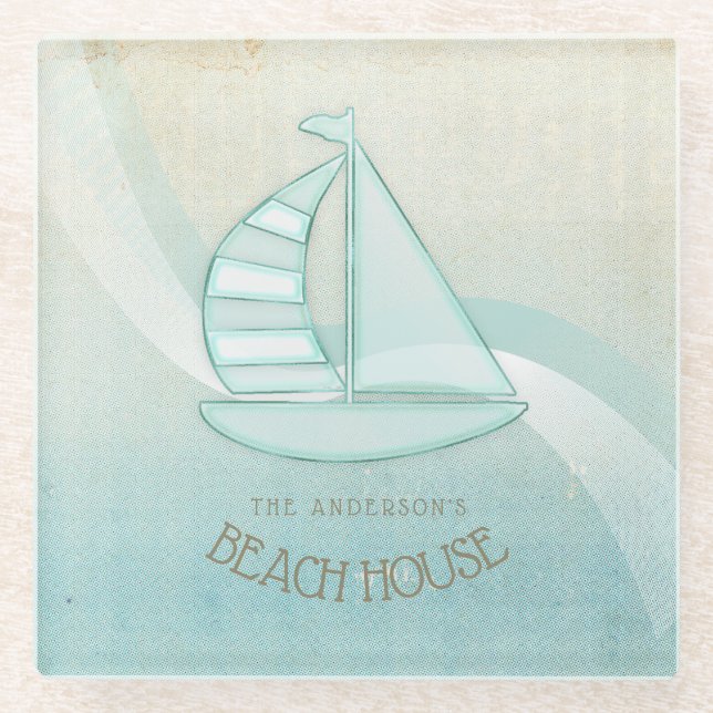 Posavasos De Vidrio Beach House Nautical Sailboat Aqua Blue ID623 (Anverso)
