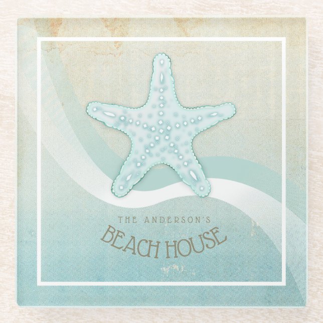 Posavasos De Vidrio Beach House Nautical Starfish Aqua Blue ID623 (Anverso)
